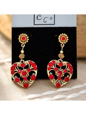 Gold Tone Womens Heart Drop Earrings With Red Crystals Pierced  Sequin